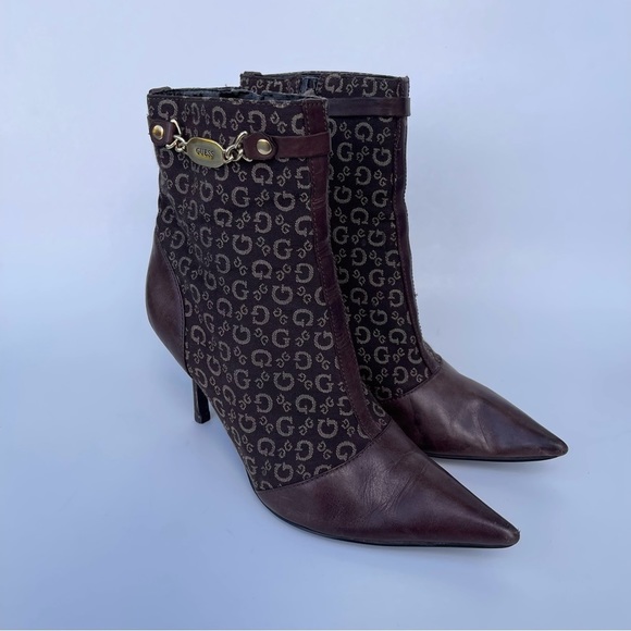 Guess Vintage Heeled Boots  Women's Size 7 US Brown Leather Canvas‎ Pointy Toe - Picture 3 of 10